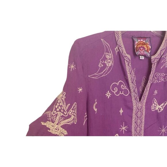 Johnny Purple Embroidered 100% Linen Tunic Blouse, Size XS, Boho Casual - Picture 4 of 7